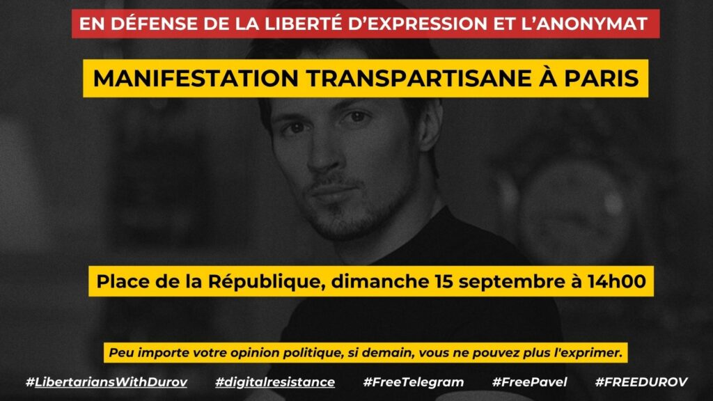 Rassemblement pour la liberté d'expression à Paris : Le 15 septembre, défendons l'anonymat en ligne et soutenons Pavel Dourov, fondateur de Telegram, face à des accusations injustes. Rejoignez-nous Place de la République pour lutter contre la censure et protéger nos droits fondamentaux.